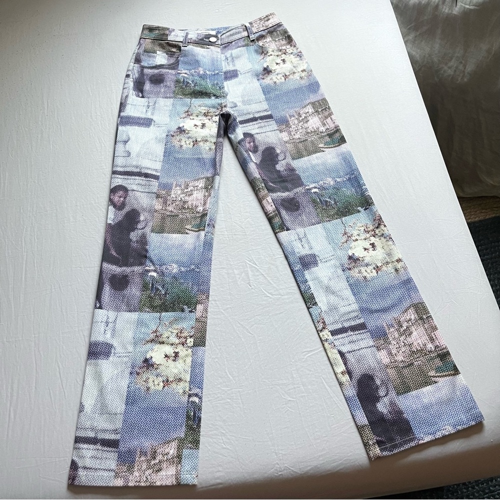 MIAOU blue digital graphic floral patchwork denim straight leg jeans pants